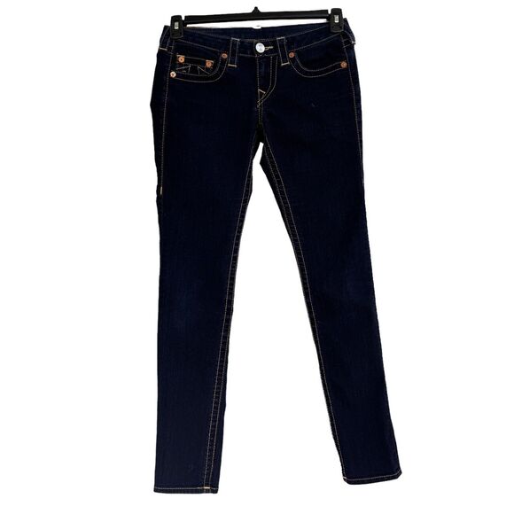 True Religion SZ 27 Skinny Jeans Low-Rise Embroidered Pockets Zip-Fly Dark Wash - Picture 2 of 13